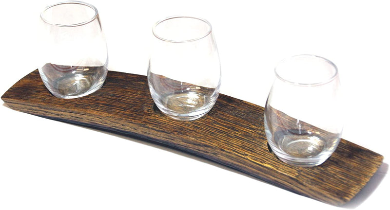 Barrel-Art Barrel Stave 3 Glass Wine Flight Serving Tray Glasses Included, Dark Walnut