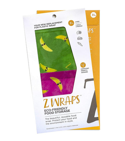 Z Wraps Multi 3-Pack, Reusable Beeswax Food Wrap and Food Storage Saver, Alternative to Plastic Wrap, Sustainable, Eco-Friendly Beeswax Food Wraps - 1Small, 2Medium (Bananas - Pink/Green)