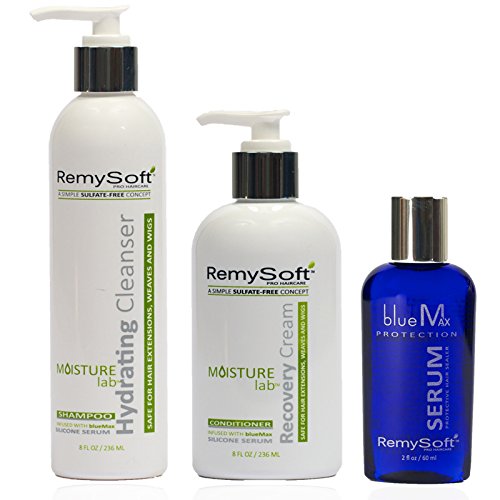 RemySoft Moisturelab System - Safe for Hair Extensions, Weaves and Wigs - Salon Formula Shampoo, Conditioner & Serum - Gentle Sulfate-free Lather