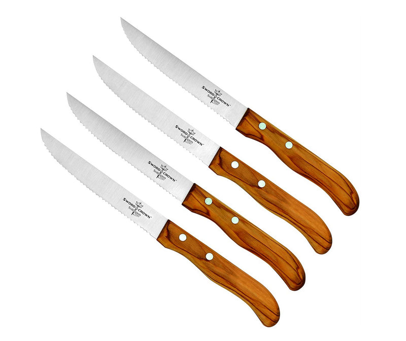 Sword & Crown 4-Piece 4.5" Stainless Steel Serrated Blade Steak Knife Bread Knife Set with Olive Wood Handle