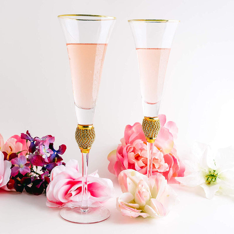 The Wine Savant Large Diamond Champagne Flutes, Glasses, With Gold Rim - Set of 2