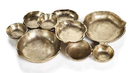 Zodax Cluster of 9 Round Serving Bowls Gold Tone Nickel Base 19" x 12" x 2.5"