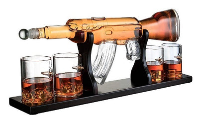 The Wine Savant Gun Large Decanter Set Bullet Glasses - Limited Edition Elegant Rifle Gun Whiskey Decanter 22.5" 1000ml With 4 Bullet Whiskey Glasses and Mohogany Wooden Base