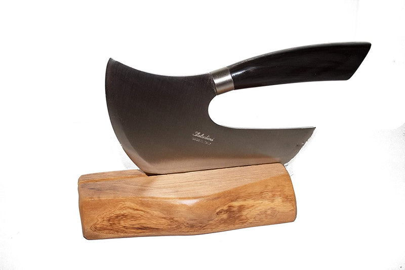 Coltelleria Saladini Exquisite Italian Cheese and Dessert Knife with Strong, High Carbon Stainless Steel Blade and Sculpted Ox Horn Handle and Olive Wood Stand Hand Forged