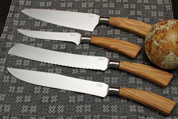 Coltelleria Saladini Beautiful Italian Santoku Knife with 8 Inch High Carbon Stainless Steel Blade and Sculpted Olive Wood Handle Hand Forged