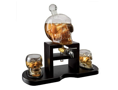 The Wine Savant Skull Whiskey Decanter Set With 2 Skull Glasses and mahogany Wooden Base The Wine Savant With Spigot