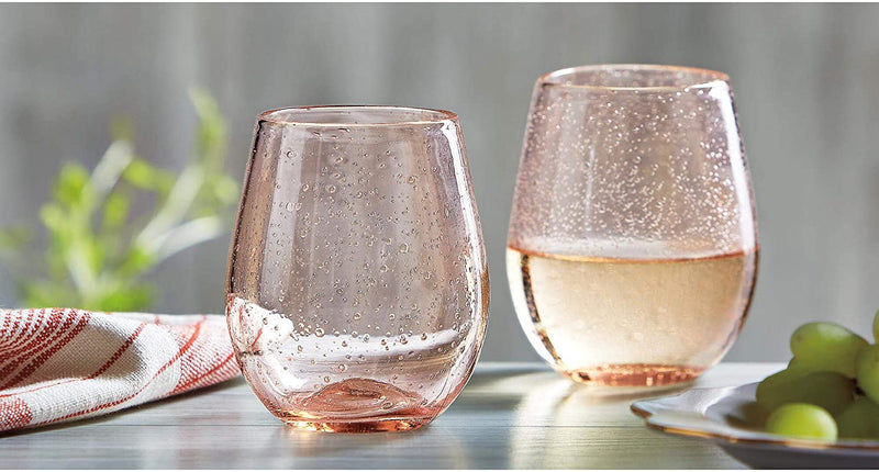 TAG Bubble Glasses 16 oz. Rose Stemless Wine Glass (6-Pack) Featuring The Wine Savant Wine Glass Cleaning Towel (7 Piece Bundle)